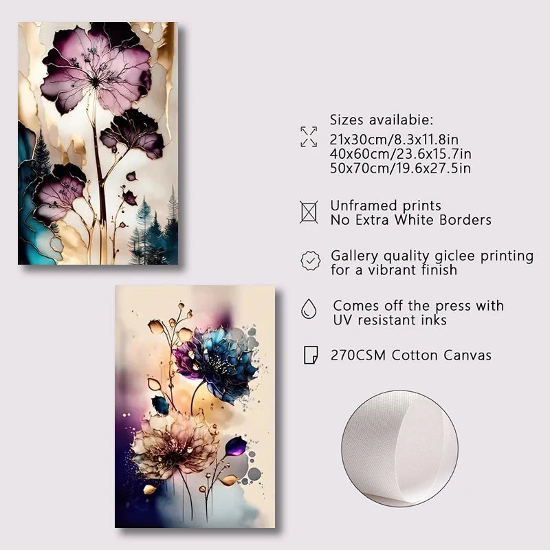 Set of 3Pcs Dreamy Purple Beige Cyan Floral Abstract Wall Art Fine Art Canvas Prints - Modern Botanical Pictures For Living Room Dining Room Wall Decor For Boutique Hotel Room