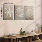 Coastal Sea Life Canvas Print Set – Beige Textured Starfish, Scallop & Nautilus Shell Wall Art for Beach House, Modern Coastal Home Décor