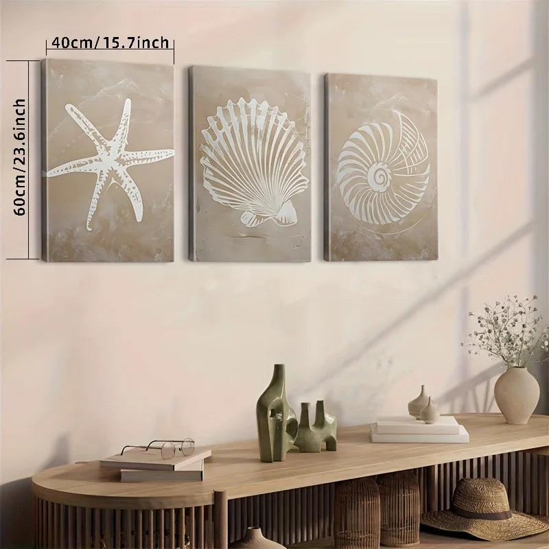 Coastal Sea Life Canvas Print Set – Beige Textured Starfish, Scallop & Nautilus Shell Wall Art for Beach House, Modern Coastal Home Décor