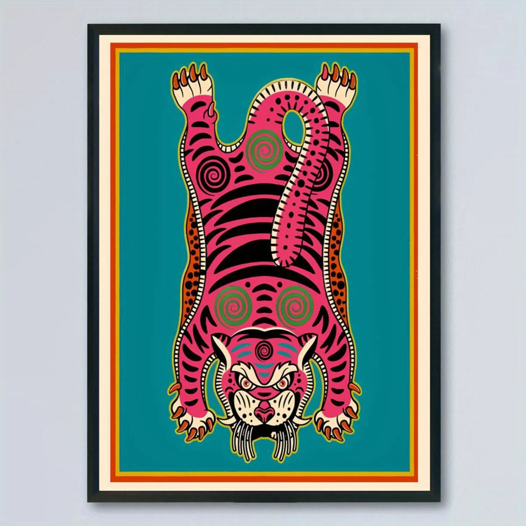 Pink Tibetan Tiger Rug‑Inspired Wall Art – Bold Symmetrical Tiger Design with Teal Background – Cultural Abstract Artwork for Modern Interiors