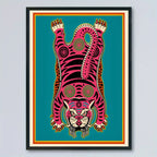 Pink Tibetan Tiger Rug‑Inspired Wall Art – Bold Symmetrical Tiger Design with Teal Background – Cultural Abstract Artwork for Modern Interiors