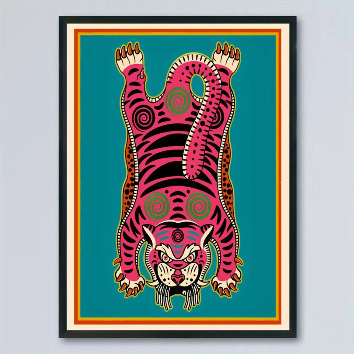Pink Tibetan Tiger Rug‑Inspired Wall Art – Bold Symmetrical Tiger Design with Teal Background – Cultural Abstract Artwork for Modern Interiors