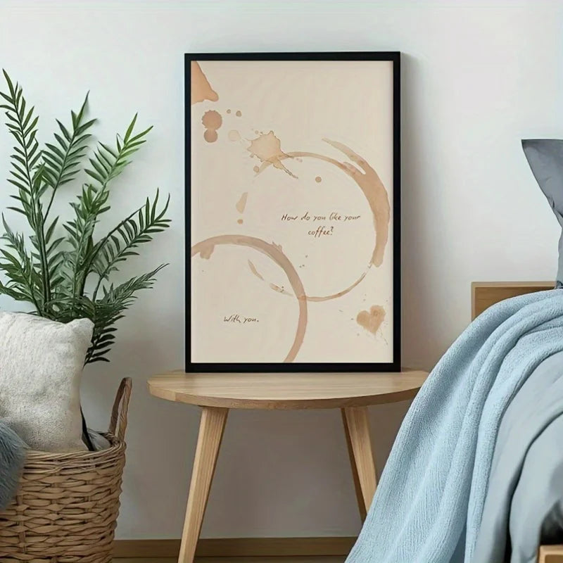 Minimalist Coffee Quote Wall Art – Neutral Brown Cup Ring Stain Design with Romantic Quote – Canvas Artwork for Kitchen / Café & Bedroom