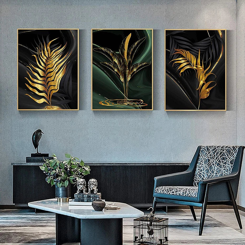 Tropical Green Golden Leaf Wall Art Fine Art Canvas Prints - Modern Botanical Art For Living Room Dining Room Art For Home Office Interiors