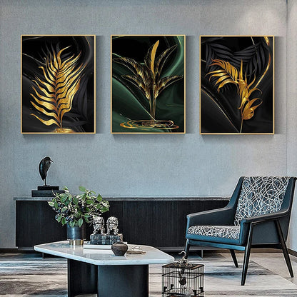 Tropical Green Golden Leaf Wall Art Fine Art Canvas Prints - Modern Botanical Art For Living Room Dining Room Art For Home Office Interiors