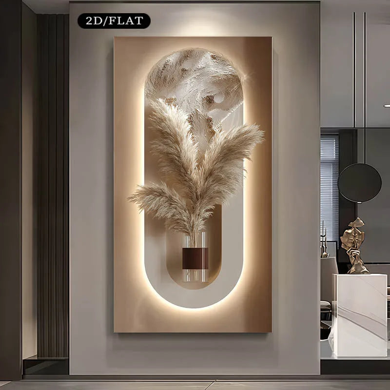 Modern Pampas Grass Wall Art – Luxury Backlit Arch Design with Neutral Textured Vase for Elegant Hallway & Minimalist Home Decor