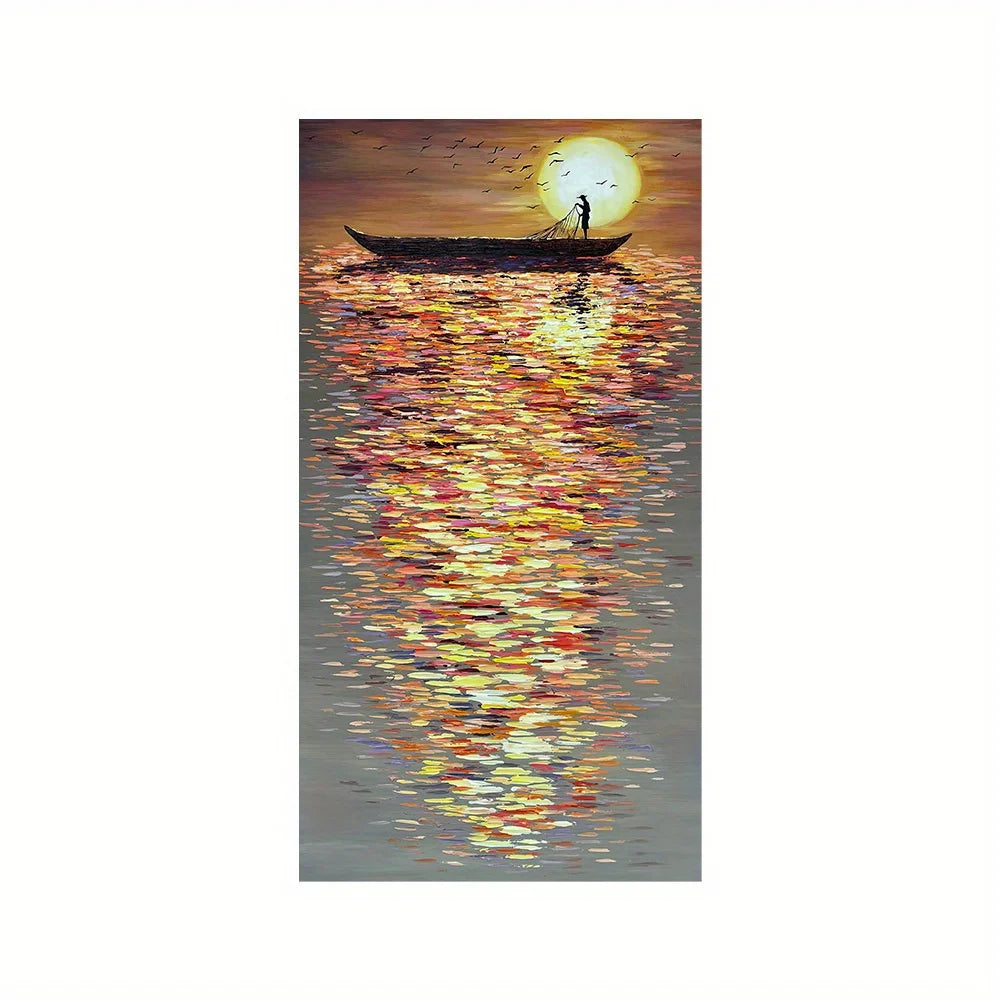 Sunset Boat Reflection Wall Art – Vibrant Impressionist Water & Horizon Scene – Colorful Unframed Canvas Print for Modern Living Room Decor