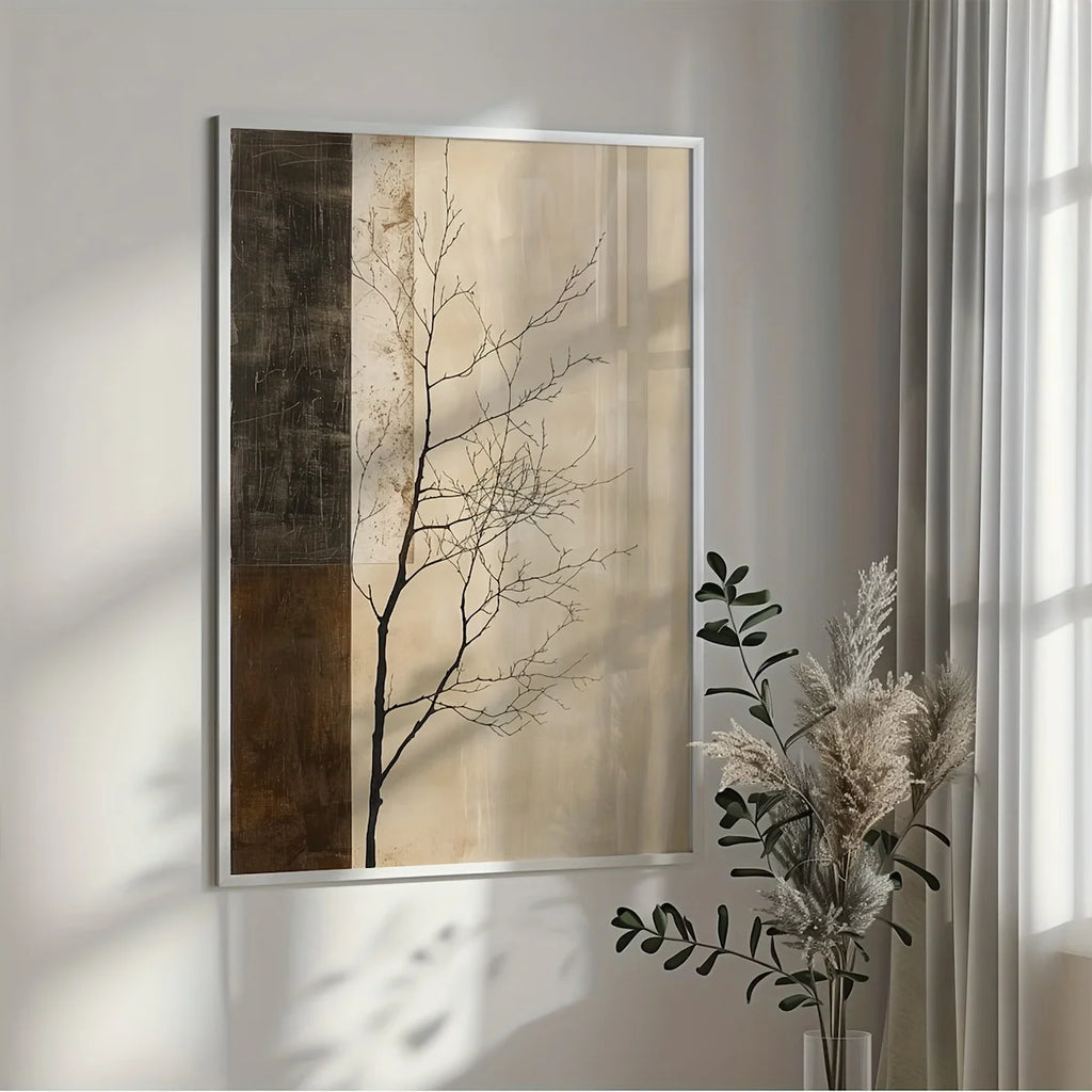 Neutral Zen Tree Branch Silhouette Wall Art – Minimalist Beige & Brown Panel Design – Modern Canvas Print for Calm Living Room Decor
