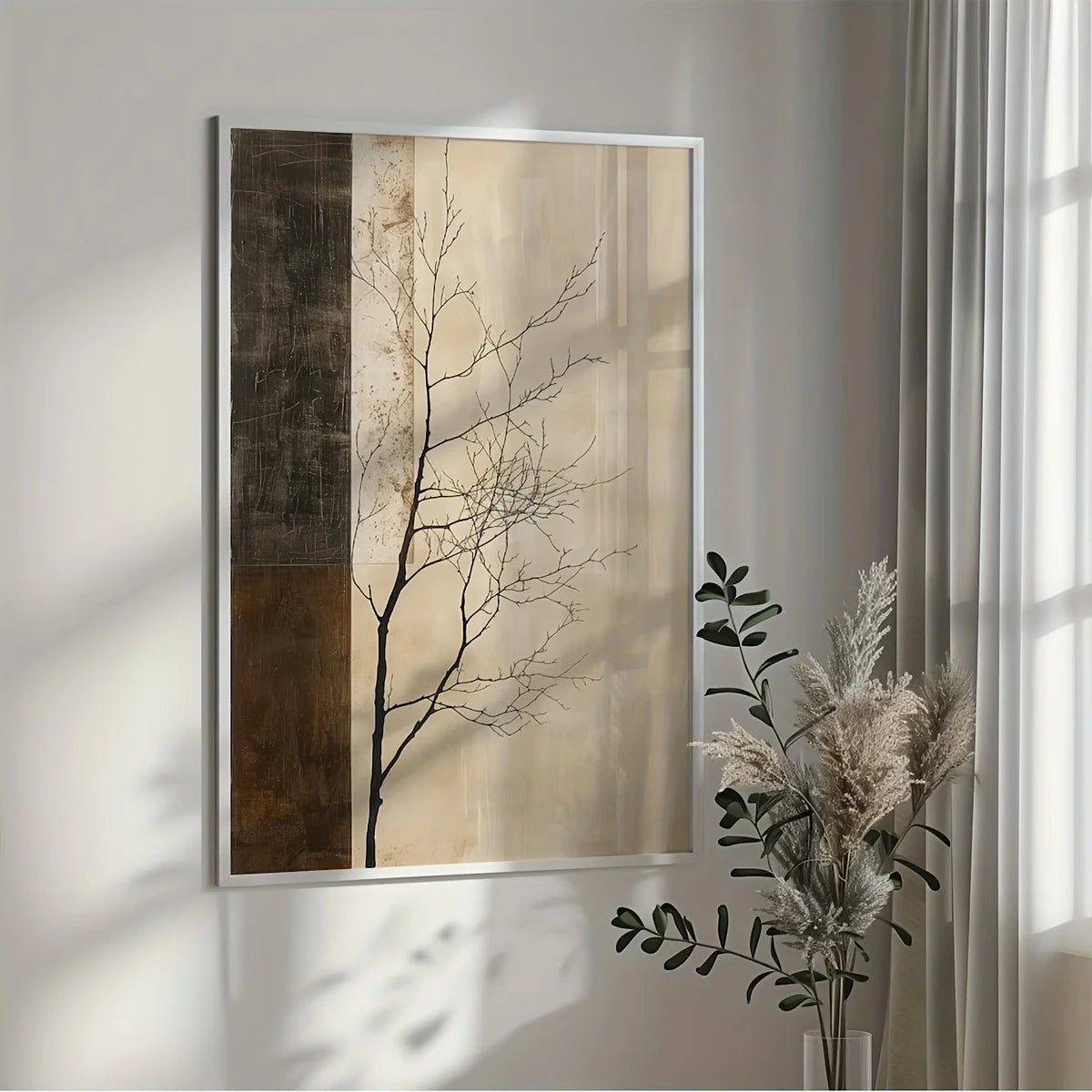 Neutral Zen Tree Branch Silhouette Wall Art – Minimalist Beige & Brown Panel Design – Modern Canvas Print for Calm Living Room Decor