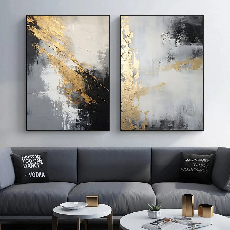 Urban Abstract Black Grey Golden Wall Art Fine Art Canvas Prints - Art For Modern Apartment Living Room Dining Room Art For Contemporary Home Office Interiors