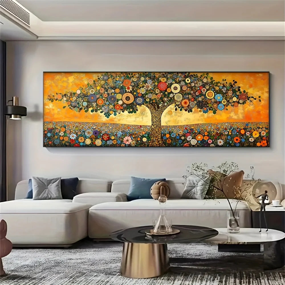 Colorful Patterned Tree Wall Art – Vibrant Vintage Floral Decorative Unframed Canvas Print for Modern Bedroom & Contemporary Decor