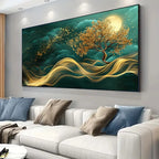 Luxury Moonlit Golden Tree Canvas Wall Art – Teal Clouds & Swirling Gold Wave Design – Contemporary Living Room Decor for Modern Apartments