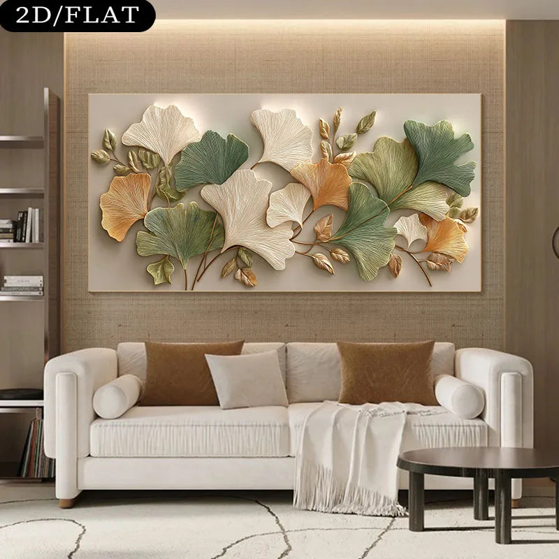 Ginkgo Leaf Canvas Print Unframed Wall Art – Green Gold & Beige Botanical Design for Elegant Living Room Home Decor & Interior Styling
