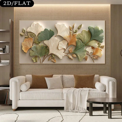 Ginkgo Leaf Canvas Print Unframed Wall Art – Green Gold & Beige Botanical Design for Elegant Living Room Home Decor & Interior Styling
