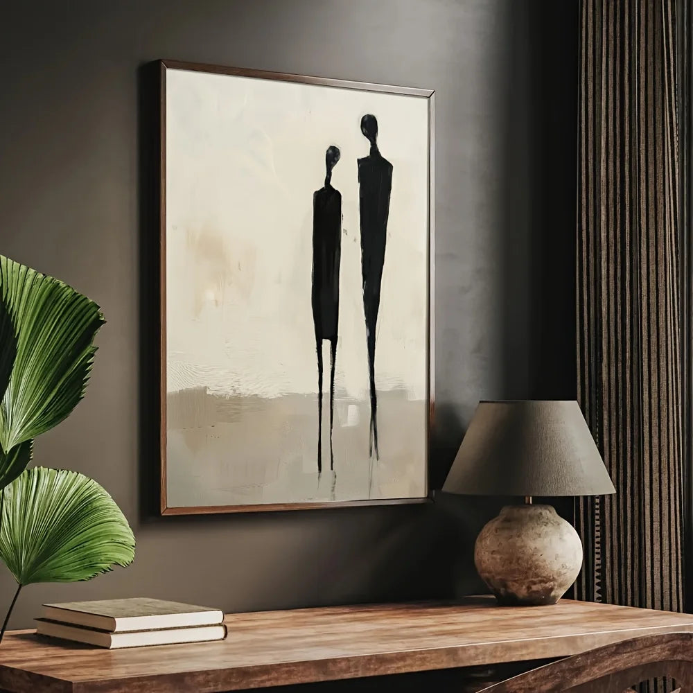 Large Minimalist Abstract Figures Canvas Print Wall Art – Neutral Black & Beige Unframed Modern Painting for Contemporary Living Room Decor