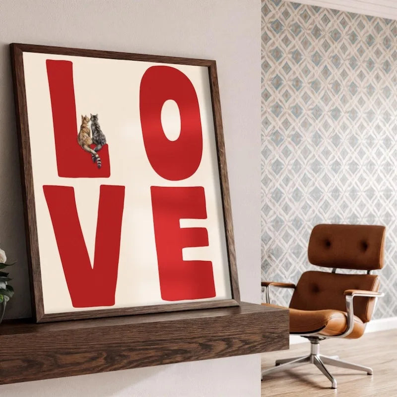 Red LOVE Typography Wall Art with Cute Cat Illustration – Charming Modern Unframed Canvas Print for Rustic Kitchen & Cozy Bedroom Decor