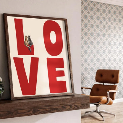 Red LOVE Typography Wall Art with Cute Cat Illustration – Charming Modern Unframed Canvas Print for Rustic Kitchen & Cozy Bedroom Decor