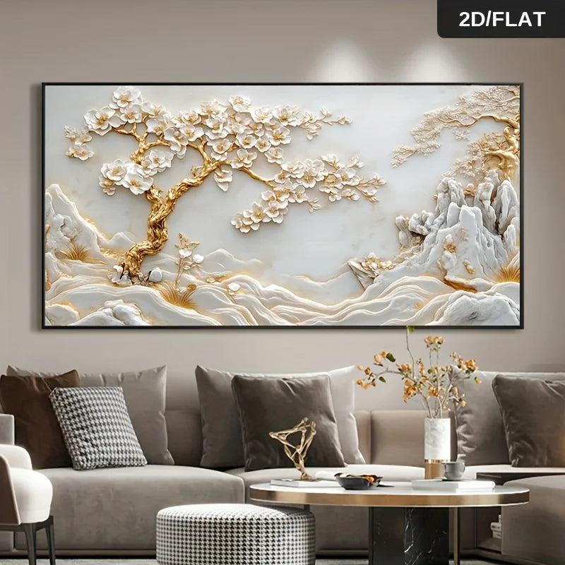 1pc Frameless Abstract 2D Art Canvas Blossoming Tree & Mountainous Landscape Print, Large Wall Decor for Living Room and Bedroom