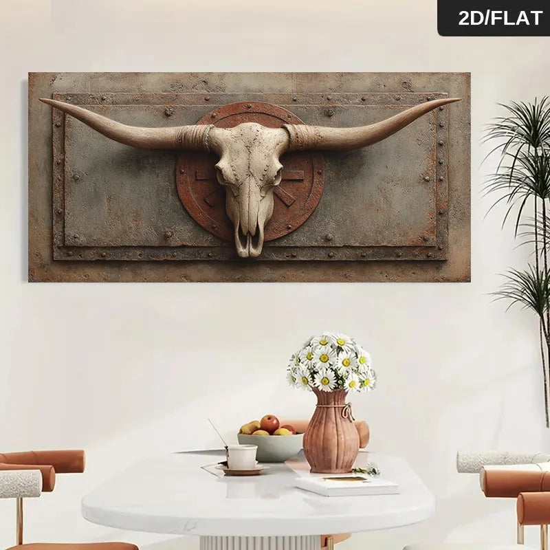 Rustic Longhorn Skull Canvas Print Unframed Wall Art – Western Industrial Design Rustic Background for Modern Living Room - Statement Styling