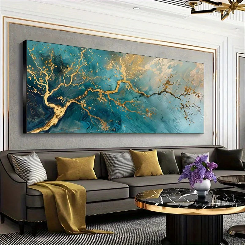 Modern Blue & Teal Abstract Canvas Wall Art – Swirling Contemporary Design with Metallic Gold Branch Accents – Luxury Statement Piece