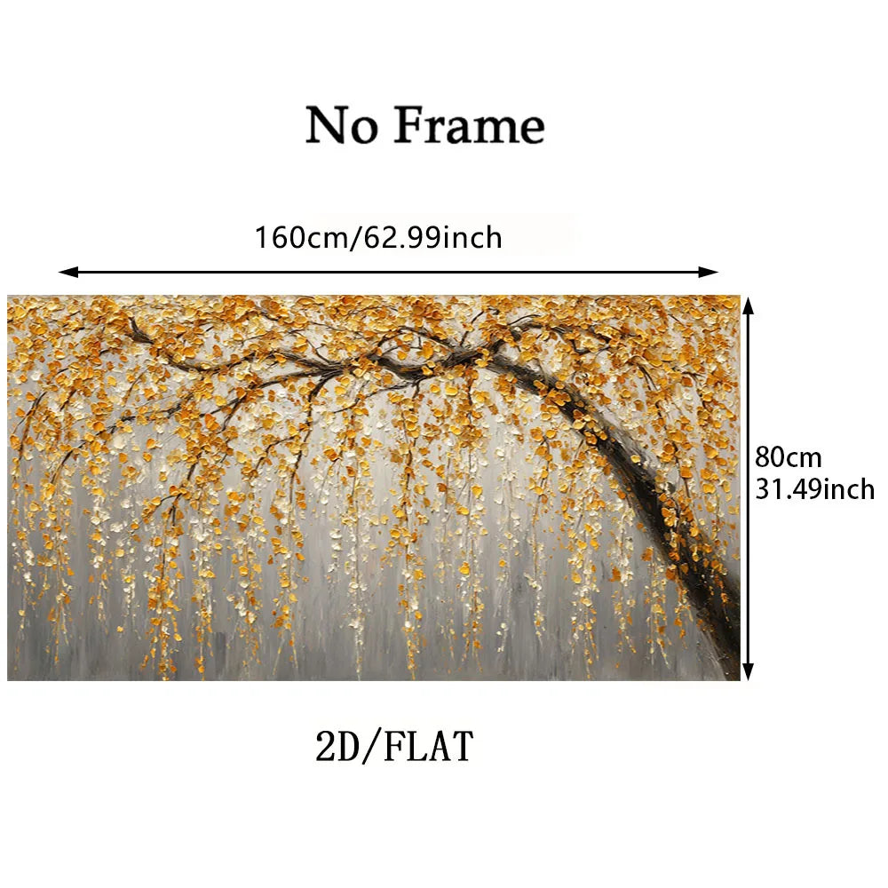 Golden Tree Branch Leaves Wall Art – Luxury Neutral Botanical Unframed Canvas Print for Modern Living Room Auspicious Home Interior Styling