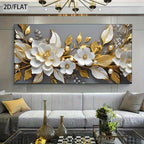 Large Unframed Canvas White Golden Floral Design, High-Quality Printing, for Living Room, Bedroom, Office Decor, Canvas Wall Art