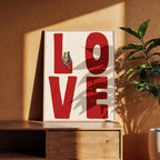 Red LOVE Typography Wall Art with Cute Cat Illustration – Charming Modern Unframed Canvas Print for Rustic Kitchen & Cozy Bedroom Decor