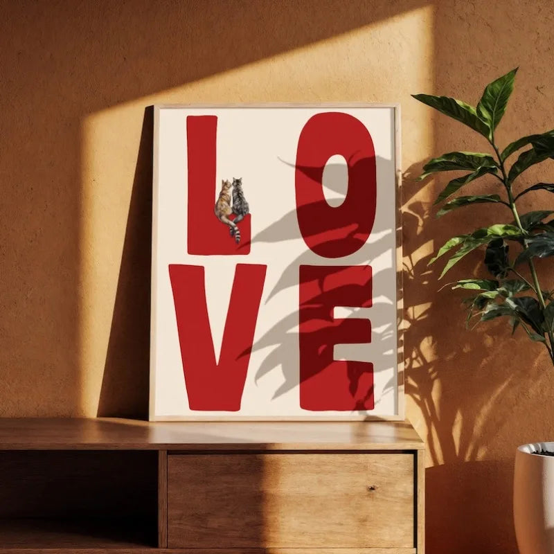 Red LOVE Typography Wall Art with Cute Cat Illustration – Charming Modern Unframed Canvas Print for Rustic Kitchen & Cozy Bedroom Decor