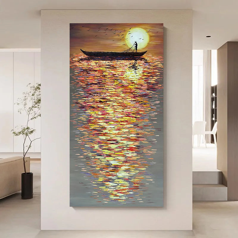 Sunset Boat Reflection Wall Art – Vibrant Impressionist Water & Horizon Scene – Colorful Unframed Canvas Print for Modern Living Room Decor