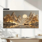 Zen Mountain Lake Landscape Wall Art – Tranquil Oriental‑Inspired Wall Art with Golden Trees, Misty Peaks, Reflective Water & Serene Scene
