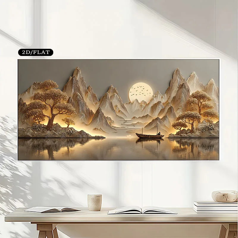 Zen Mountain Lake Landscape Wall Art – Tranquil Oriental‑Inspired Wall Art with Golden Trees, Misty Peaks, Reflective Water & Serene Scene