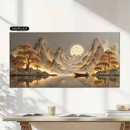Zen Mountain Lake Landscape Wall Art – Tranquil Oriental‑Inspired Wall Art with Golden Trees, Misty Peaks, Reflective Water & Serene Scene