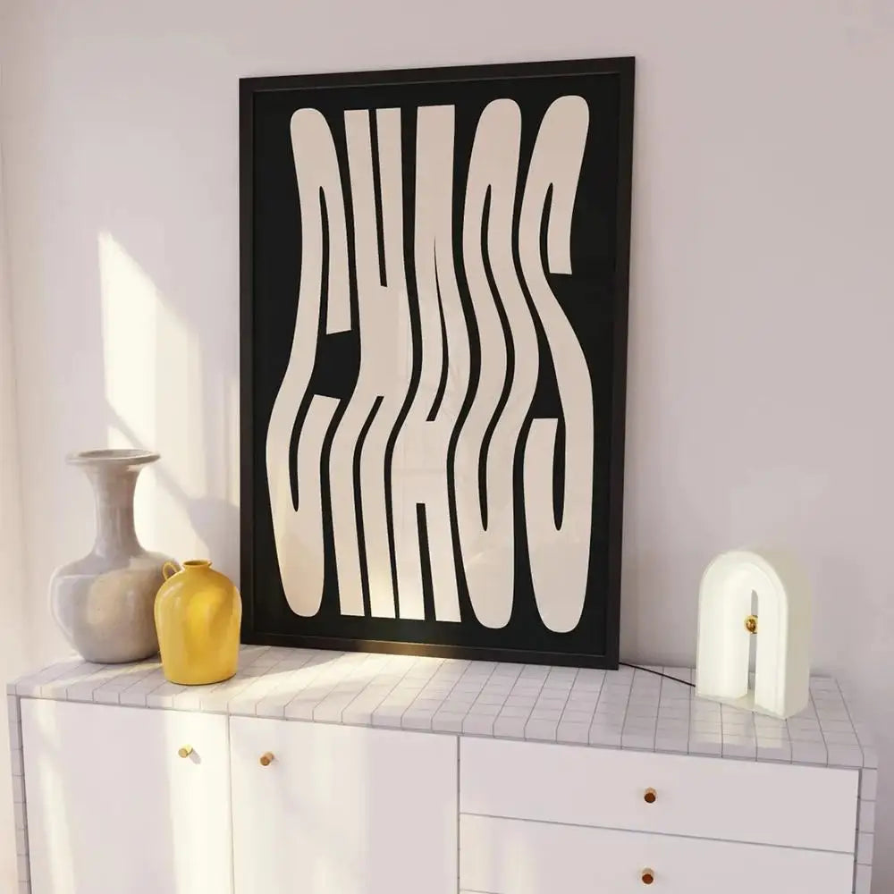 Bold Black CHAOS Monochrome Wall Art - Modern Distorted Typography Canvas Print Artwork for Contemporary Minimalist Decor