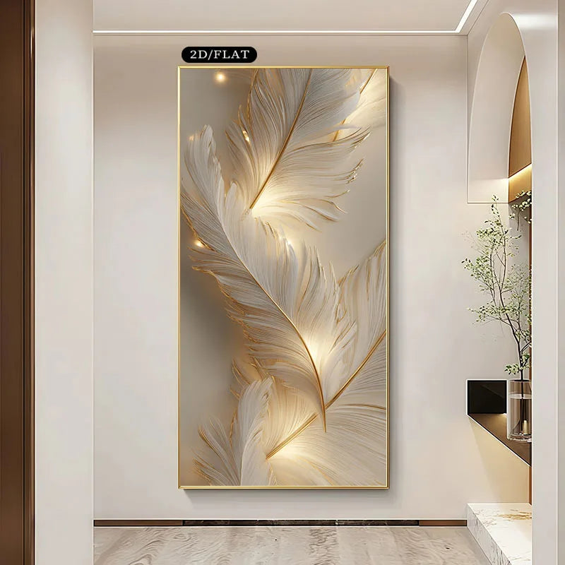 White & Gold Feather Wall Art – Soft Glowing Luxury Design – Large Unframed Canvas Print for Modern Office & Contemporary Home Décor