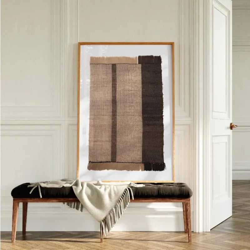 Large Unframed Woven Textile Stripe Pattern Canvas Print Wall Art in Neutral Beige and Brown Tones for Modern Minimalist Living Room