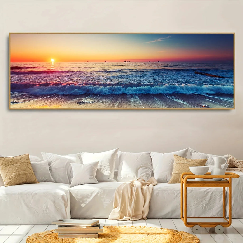 Natural Scenery Canvas Art Poster Sunset Over The Beach with Waves, for Living Rooms, Bedrooms, Offices, Artwork Without Unframe