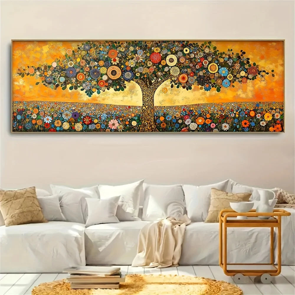 Colorful Patterned Tree Wall Art – Vibrant Vintage Floral Decorative Unframed Canvas Print for Modern Bedroom & Contemporary Decor