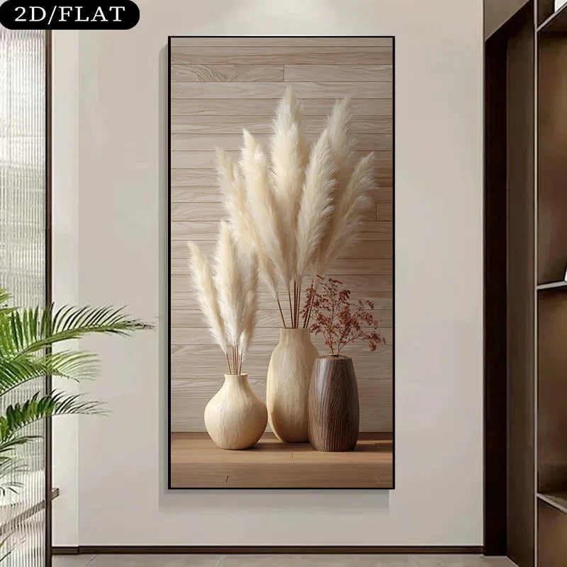 Pampas Grass Vase Unframed Canvas Print Wall Art – Minimalist Neutral Boho Decor with Beige & Brown Ceramic Vases for Modern Hallway