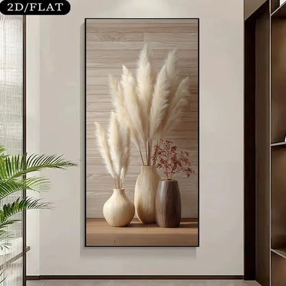 Pampas Grass Vase Unframed Canvas Print Wall Art – Minimalist Neutral Boho Decor with Beige & Brown Ceramic Vases for Modern Hallway