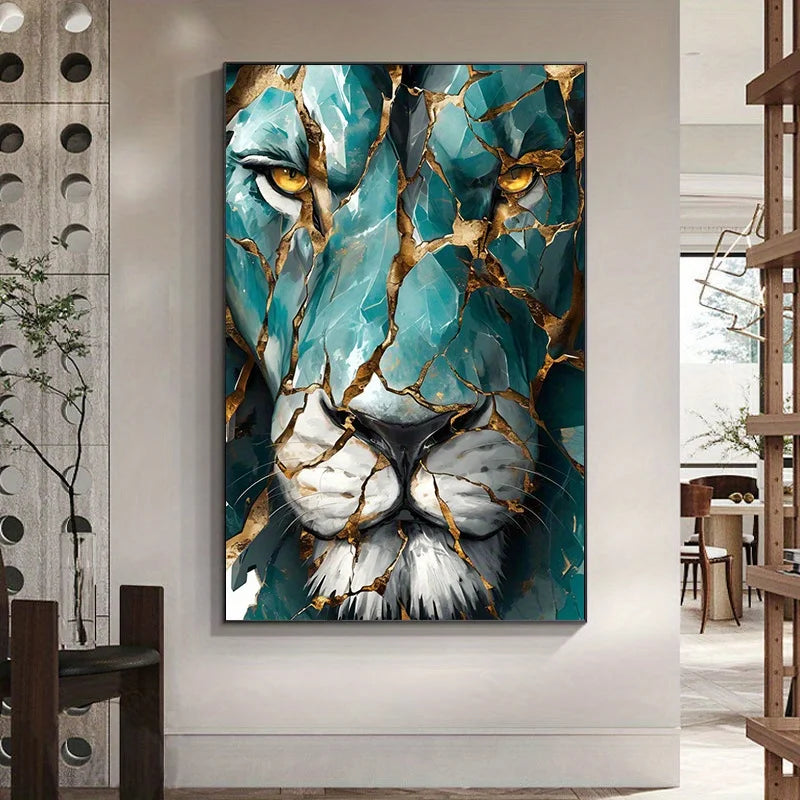 Turquoise & Gold Lion Wall Art Unframed Canvas Print – Modern Abstract Mosaic‑Style Design for Bold Contemporary Living Room Decor
