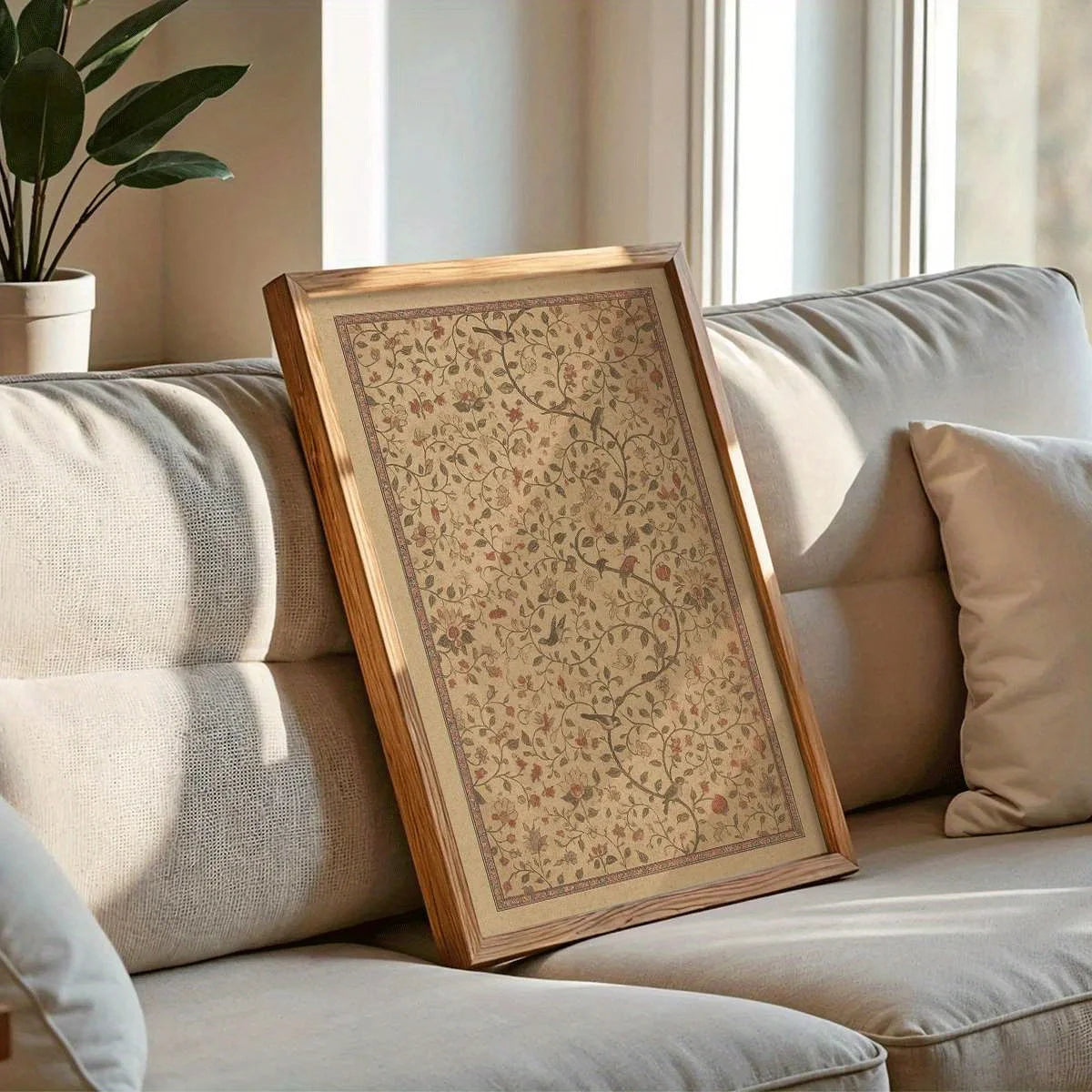 Vintage Floral Bird Wall Art – Intricate Beige Botanical Vine Pattern Design – Classic Canvas Artwork for Cozy Kitchen, Cottage‑Style Interiors