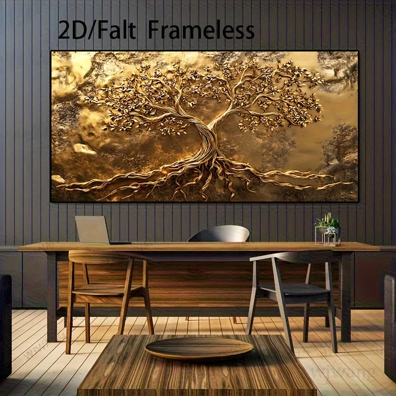 Golden Tree of Life Unframed Canvas Print Wall Art – Auspicious Abstract Botanical Artwork for Modern Living Room & Contemporary Home Decor