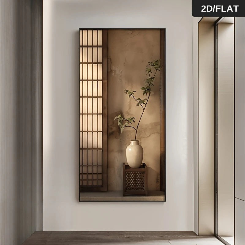 A vertical wall art print displayed on a white wall in a modern interior. The artwork depicts a Japanese-style scene with a beige sliding door, a textured tan wall, a white ceramic vase, and a small dark wooden table holding a slender green plant.