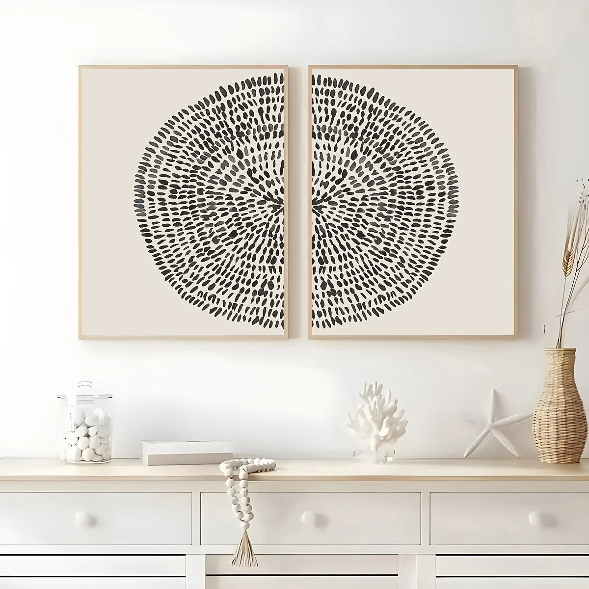 Modern Abstract Dot Circle Canvas Print Set – Black Minimalist Unframed Wall Art on Neutral Background for Contemporary Scandinavian Décor