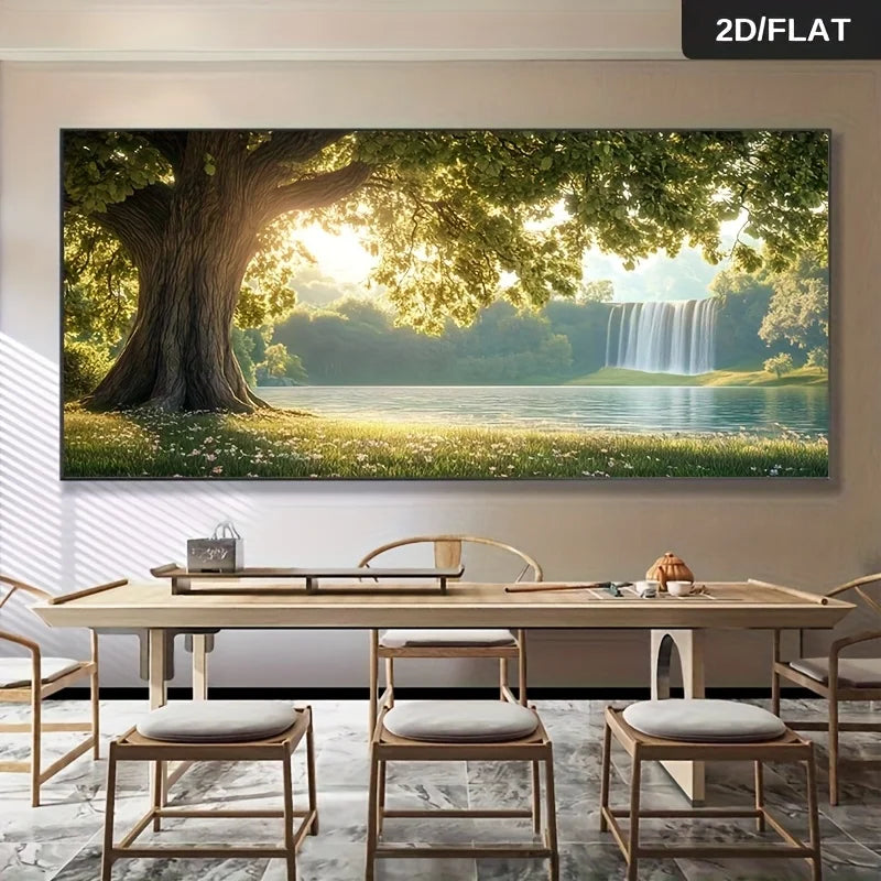 Frameless Modern Canvas Wall Art Trees Waterfall Nature Scene, Large Size Painting for Living Room, Bedroom Decor Artwork