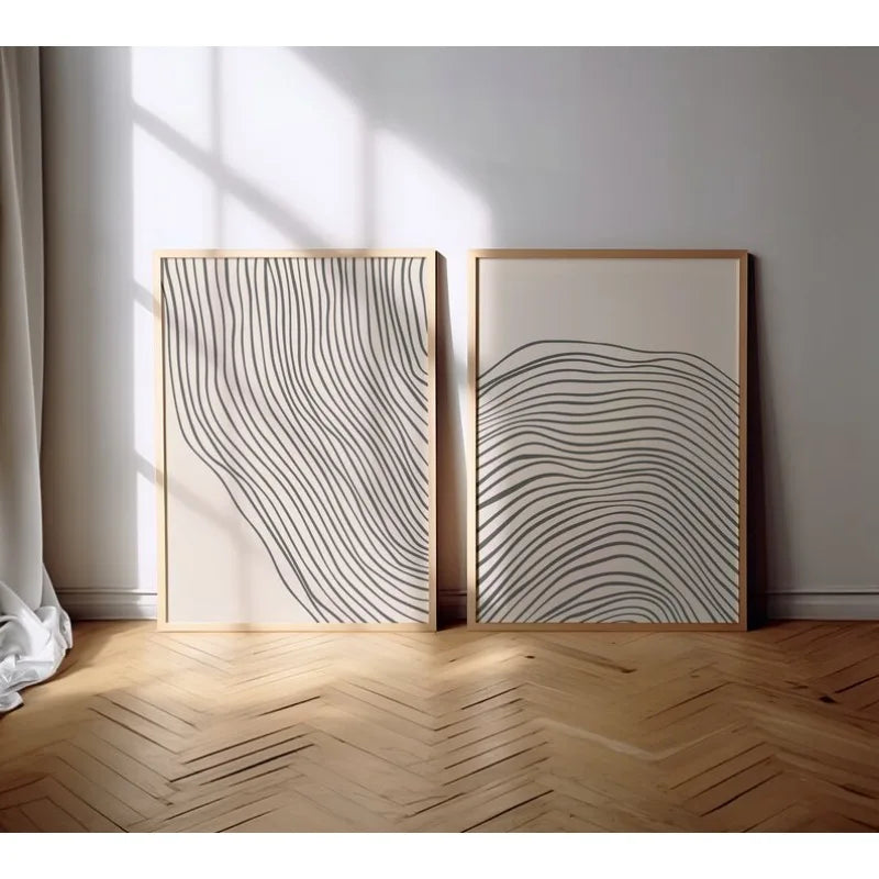 Large Minimalist Black Wavy Line Art Unframed Canvas Print on Neutral Beige Background for Modern Scandinavian Living Room and Contemporary Home Wall Décor