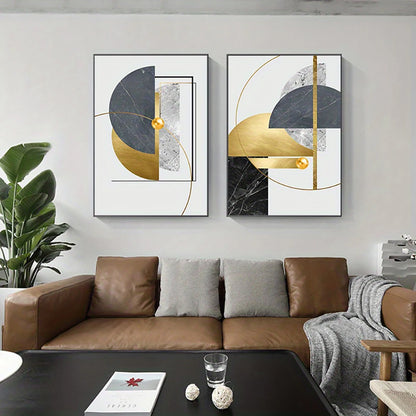 Golden Grey Abstract Geometric Wall Art Fine Art Canvas Prints - Modern Artworks For Apartment Living Room Dining Room Bedroom Art For Contemporary Interiors