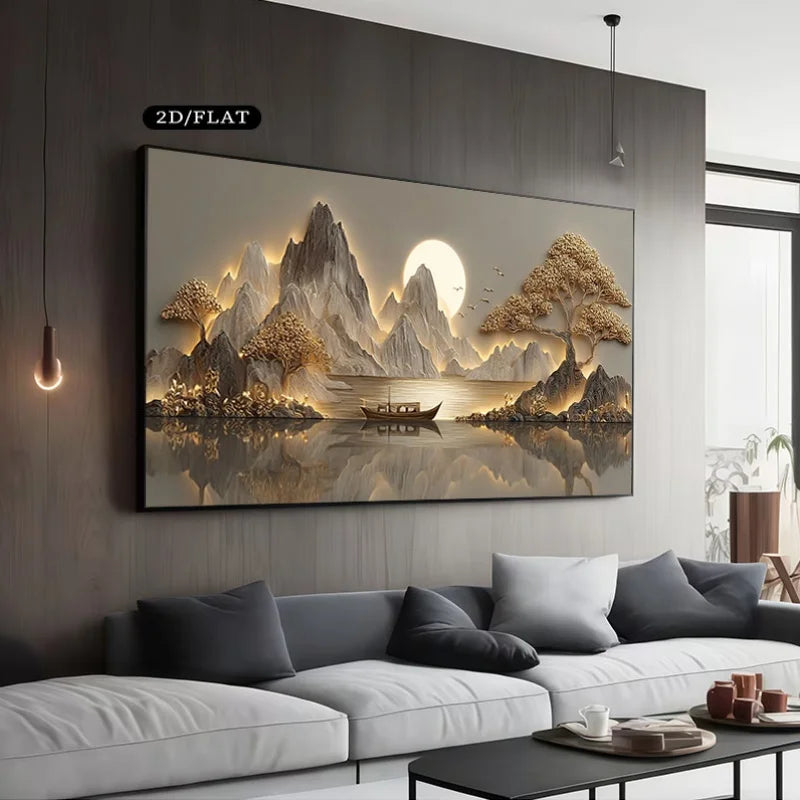 Golden Mountain Lake Wall Art Canvas Print – Serene Sunlit Landscape Artwork for Modern Dining Room, Zen Interior & Contemporary Home Decor