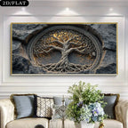 Auspicious Tree of Life Unframed Canvas Print Wall Art – Intricate Carved‑Style Roots & Branches Hewn From Stone - for Modern Living Room