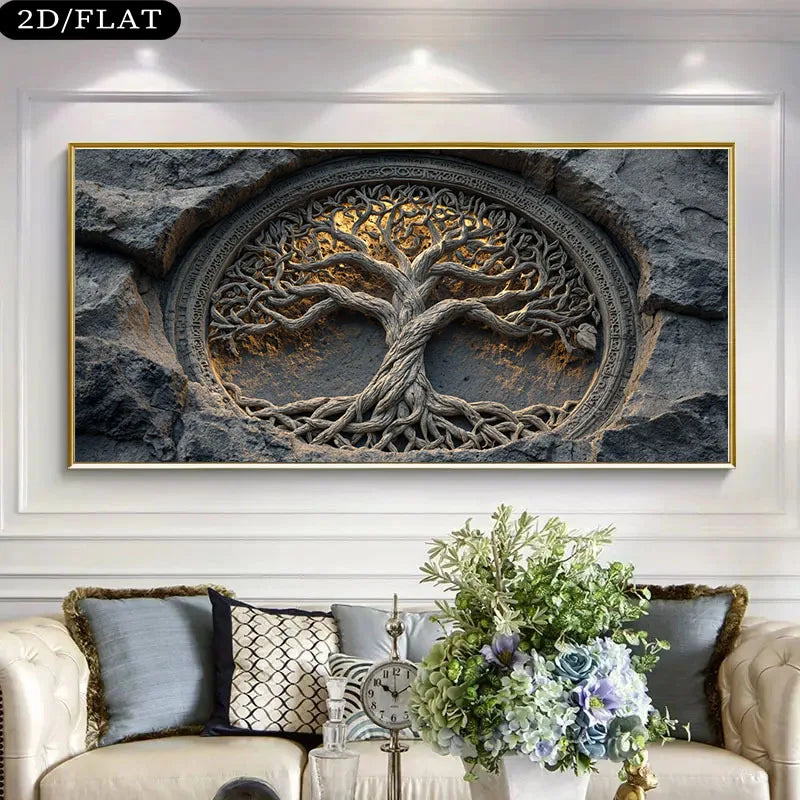 Auspicious Tree of Life Unframed Canvas Print Wall Art – Intricate Carved‑Style Roots & Branches Hewn From Stone - for Modern Living Room